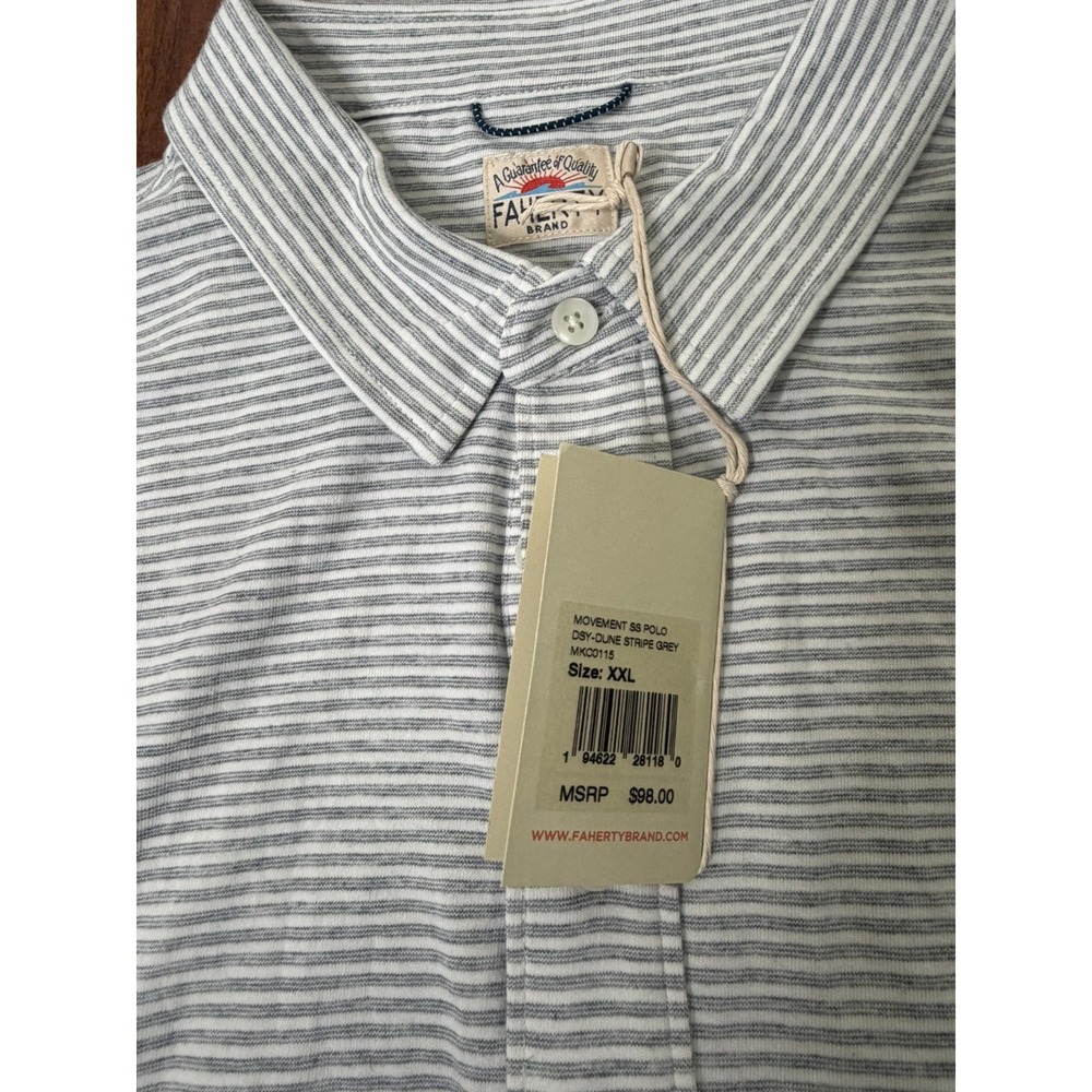 NWT Faherty Shirt Men's 2XL Grey White Stripe S/S Movement Polo - Picture 2 of 6